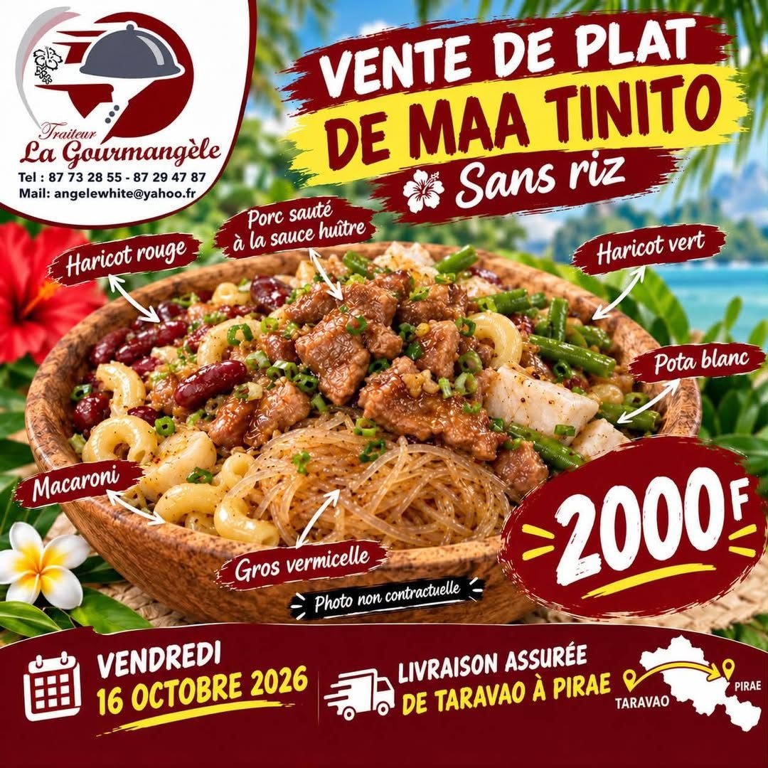 Affiche de la vente : plat de ma'a tinito sans riz à 2 000 F, vendredi 16 octobre 2026